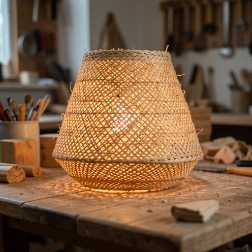Abat-jour artisanal durable en fibres naturelles tressées et papier recyclé, diffusant une lumière chaude sur une table en bois dans un atelier chaleureux.