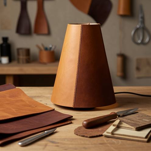 Abat-jour en cuir dans des tons caramel et châtain, présenté avec des morceaux de cuir, des outils de couture et des échantillons de matières dans un atelier artisanal.