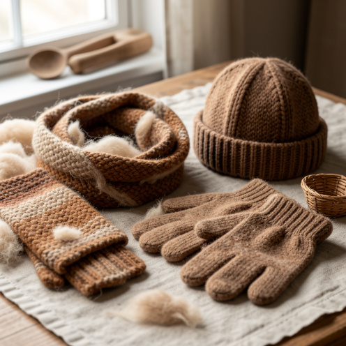 Fibre naturelle d’alpaga et accessoires artisanaux en tons crème et bruns, disposés sur un tissu de lin rustique.