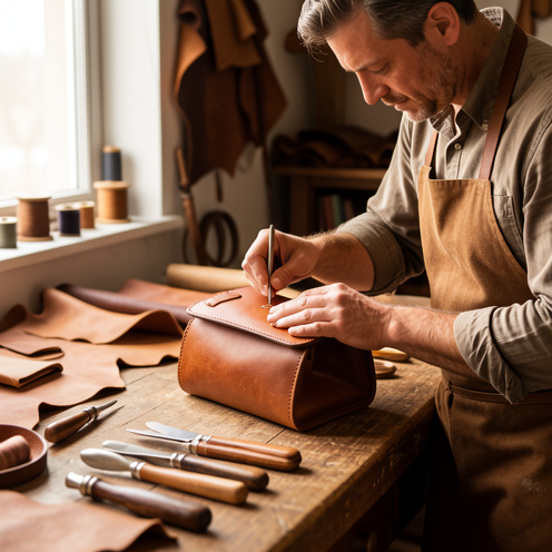 Artisan maroquinier travaillant à la main sur un sac en cuir dans son atelier, entouré d’outils et de matériaux.