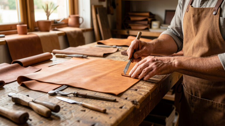 Atelier de maroquinerie artisanale à Laval avec des panneaux et objets décoratifs en cuir naturel disposés sur un établi en bois.