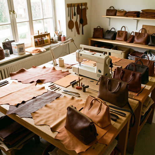 Atelier de maroquinerie soigneusement organisé, présentant les outils, les cuirs, les étapes de découpe et de couture ainsi que des articles finis.