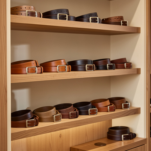 Présentation de plusieurs ceintures en cuir de différentes couleurs, largeurs et boucles dans une boutique élégante.
