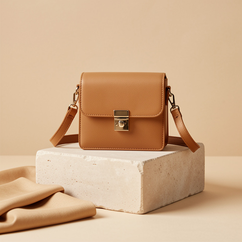 Petit sac bandoulière structuré en cuir souple, avec une bandoulière réglable et un fermoir métallique, présenté sur un socle clair.
