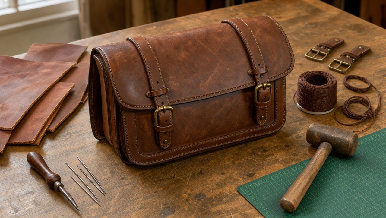 Cartable en cuir robuste entouré de fournitures et d'outils nécessaires à sa fabrication sur un établi d'atelier.