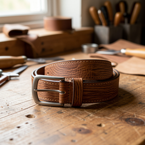 Ceinture en cuir artisanale pour homme présentée sur un établi avec des outils de maroquinerie.
