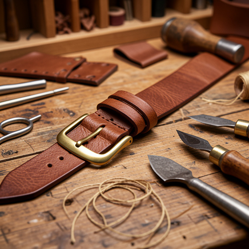 Ceinture en cuir pleine fleur marron posée sur un établi d’artisan, entourée d’outils de maroquinerie et présentée avec ses finitions soignées.