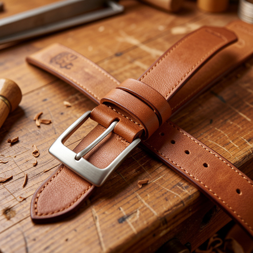 Ceinture en cuir pleine fleur présentée sur un établi en bois, mettant en évidence le grain naturel, les coutures, les bords finis et la boucle métallique.