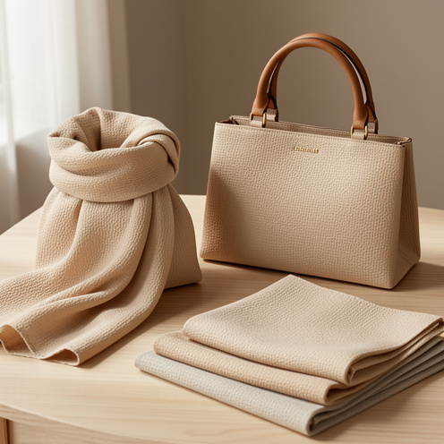 Nature morte présentant des accessoires en tissu crêpe, avec une écharpe drapée, un sac élégant et des échantillons montrant sa texture finement granuleuse et son aspect mat fluide.