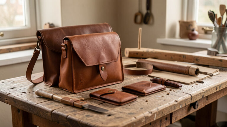 Sac à main en cuir cognac accompagné d’un portefeuille et de petits accessoires en cuir, présentés sur un établi artisanal dans une ambiance chaleureuse inspirée de Honfleur.