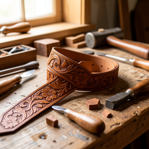 Ceinture en cuir brun ornée de motifs floraux repoussés, présentée sur un établi avec des outils traditionnels de travail du cuir.
