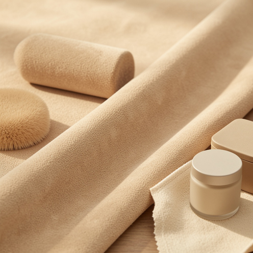 Gros plan sur une pièce de daim beige velouté accompagnée d'une brosse et d'un chiffon d'entretien sur une table claire.