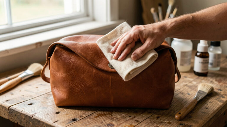 Sac en cuir artisanal couleur châtaigne entretenu délicatement avec un chiffon doux sur un établi d’atelier.