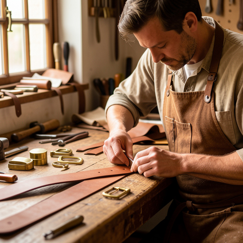 Artisan ceinturier fabriquant à la main une ceinture en cuir dans son atelier, entouré d’outils traditionnels et de pièces de cuir.