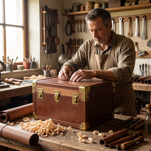Artisan fabriquant une malle de voyage en bois et cuir dans un atelier traditionnel, entouré d’outils et de matériaux.
