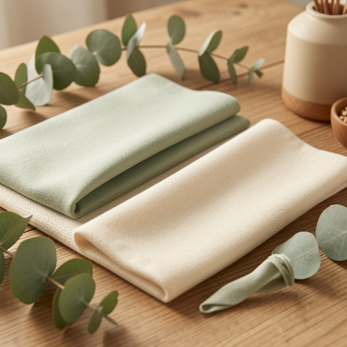 Échantillons de tissu en lyocell et accessoires textiles élégants disposés sur une table en bois, avec des feuilles d’eucalyptus dans une palette douce de beige et de vert sauge.