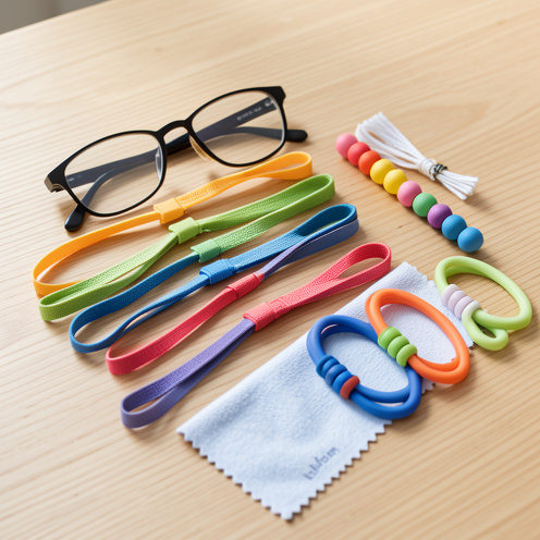 Lunettes entourées de plusieurs lacets colorés réglables, de pièces d’ajustement et d’un chiffon doux pour le nettoyage.