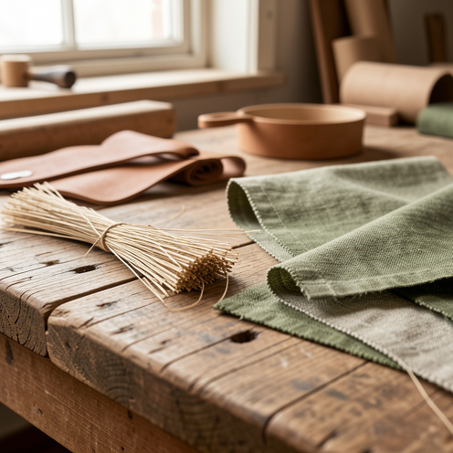 Fibres naturelles de lin, tissu de lin tissé et accessoires en cuir aux tons naturels disposés sur un établi en bois dans un atelier artisanal.