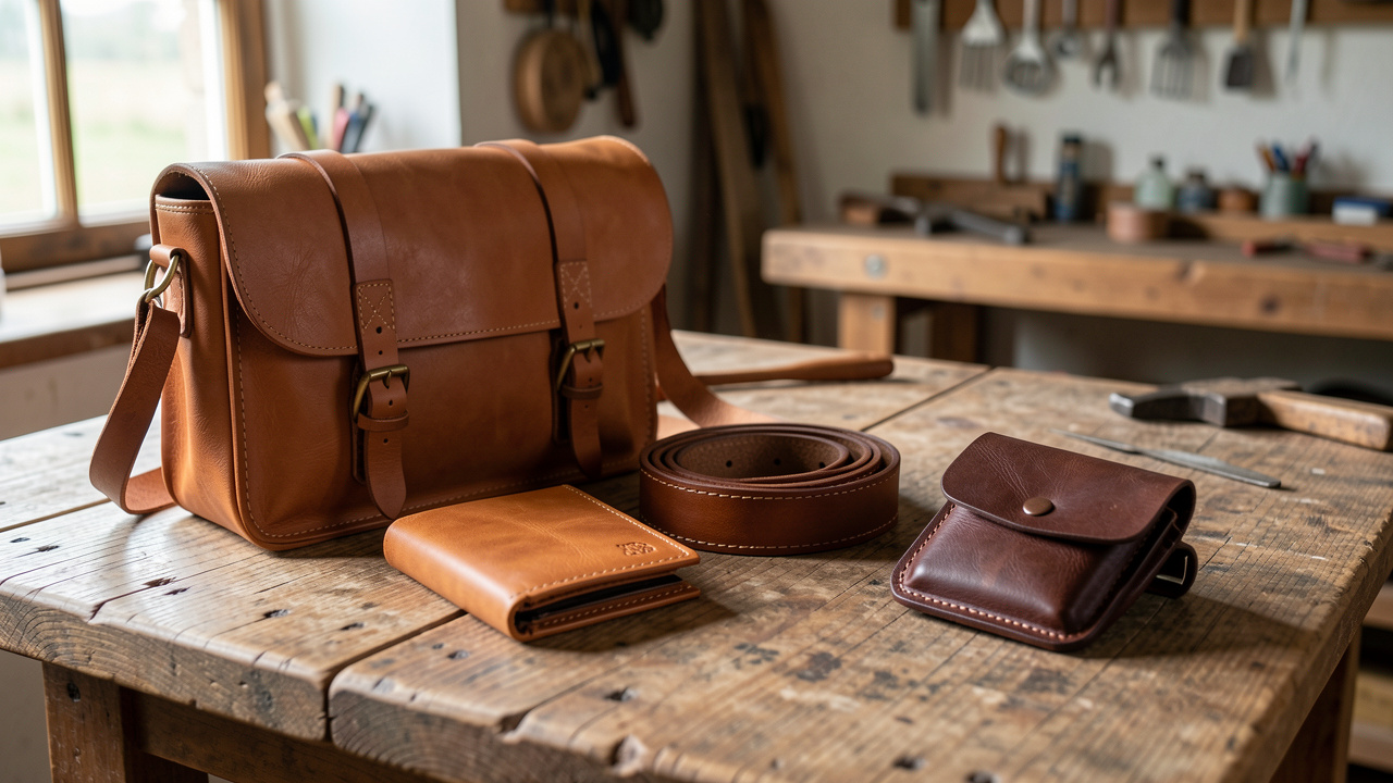 Accessoires en cuir artisanaux aux teintes brunes, disposés sur un établi en bois dans un atelier de maroquinerie normand.