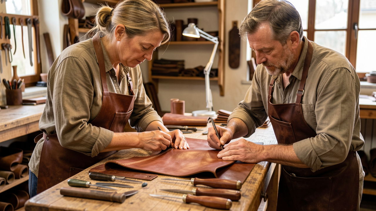 Deux artisans, une femme et un homme, réalisent avec précision des articles en cuir dans un atelier traditionnel à Louviers.