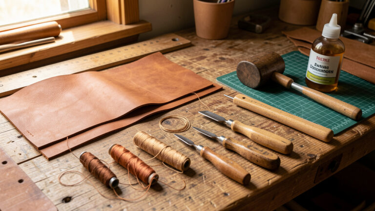 Outils et fournitures essentiels disposés sur un établi en bois pour débuter le travail du cuir cousu main.