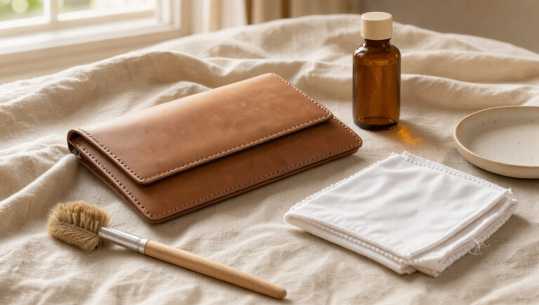 Pochette en cuir posée sur un linge, entourée d’une brosse douce, d’un chiffon en microfibre et de produits d’entretien pour cuir.