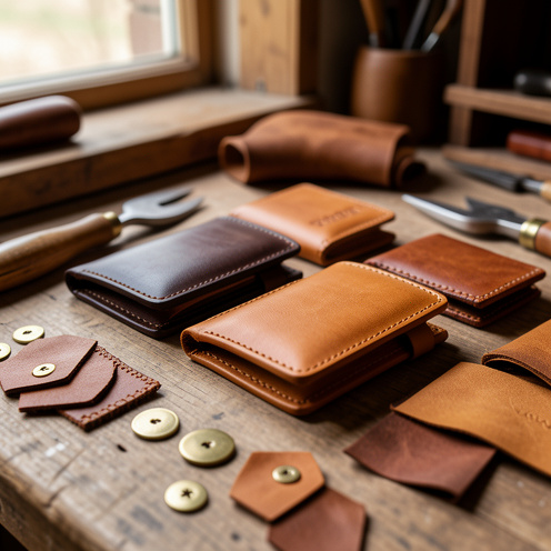 Collection de porte-monnaie en cuir artisanal de différentes formes, présentée avec des outils de maroquinerie dans un atelier chaleureux.