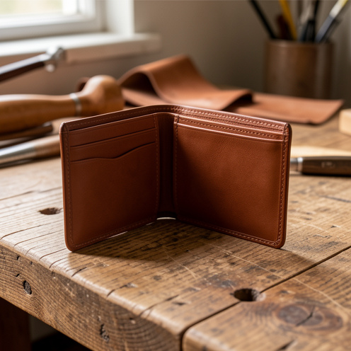 Portefeuille en cuir artisanal français brun cognac, ouvert sur un établi en bois dans un atelier chaleureux.