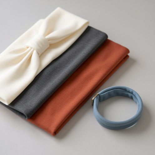 Échantillons de tissu jersey souple et extensible disposés avec un bandeau, une pochette et un bracelet en tissu aux couleurs douces.