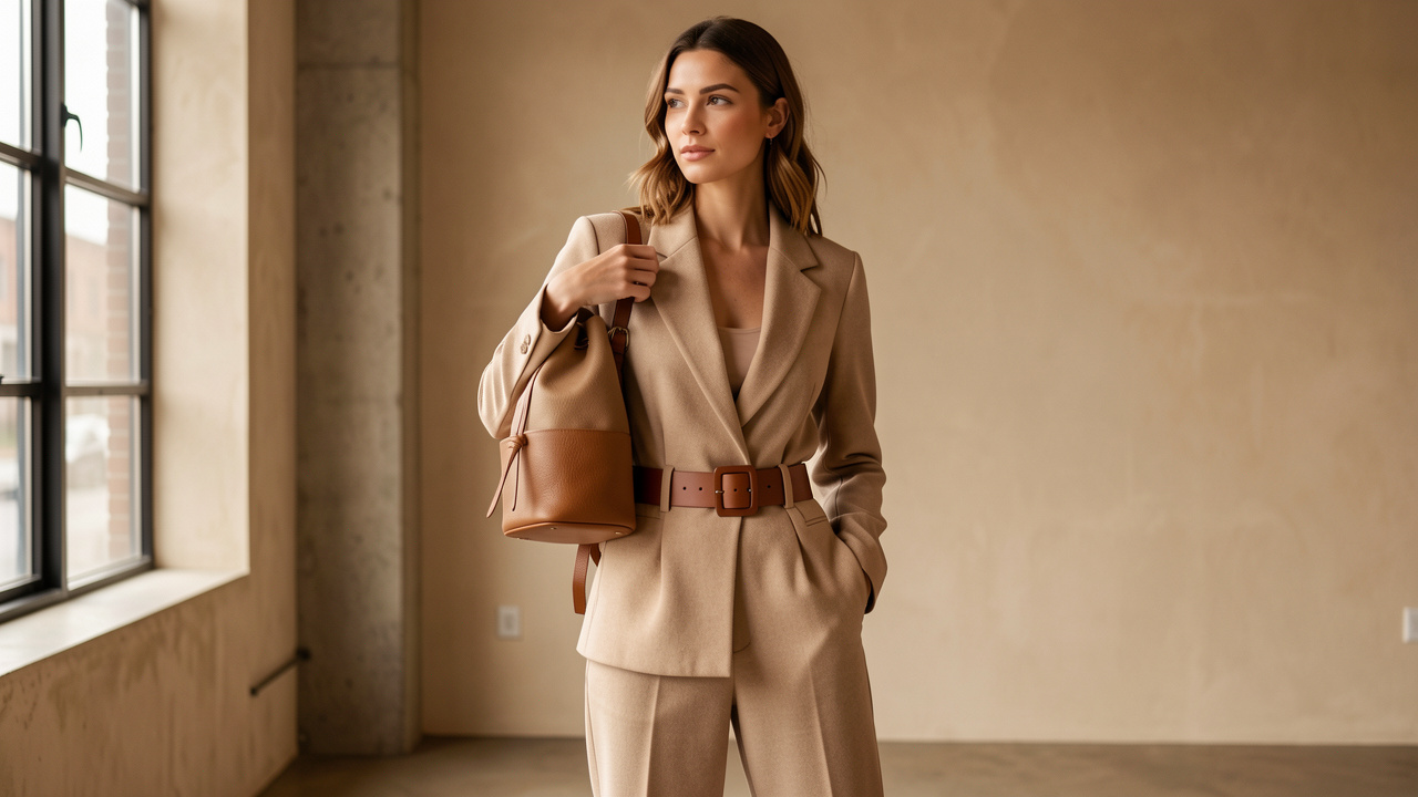 Femme portant un sac à dos seau structuré avec une large ceinture en cuir marron qui souligne la taille.