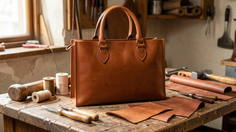 Sac cabas en cuir brun fait main, présentant des coutures sellier, des bords travaillés et des accessoires en laiton dans un atelier d’artisan.