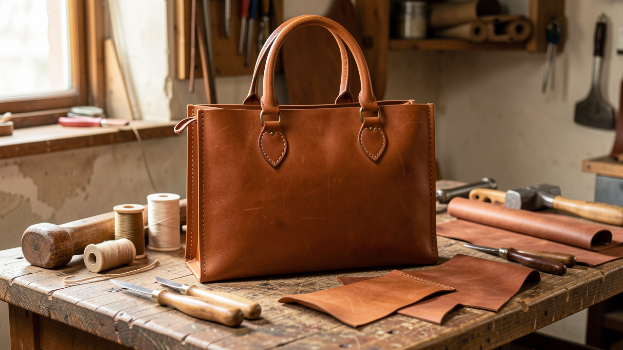 Sac cabas en cuir brun fait main, présentant des coutures sellier, des bords travaillés et des accessoires en laiton dans un atelier d’artisan.