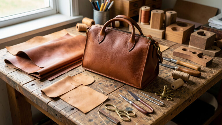 Sac à main en cuir artisanal en cours de fabrication sur un établi en bois, entouré d’outils et de pièces de cuir.