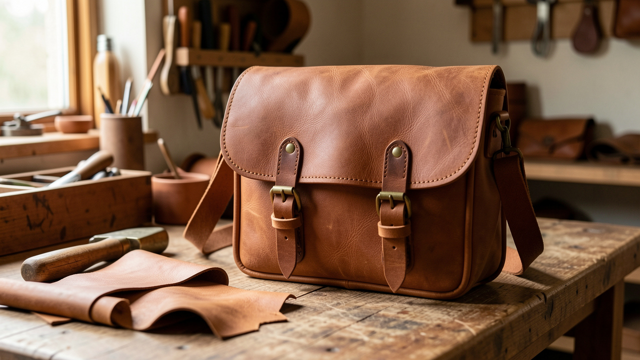 Sacoche en cuir tanné végétal présentée dans un atelier artisanal avec des outils en bois et des chutes de cuir.
