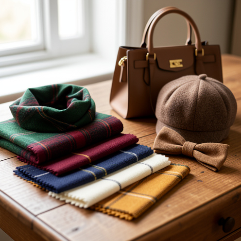 Échantillons de tissu tartan aux couleurs profondes disposés avec une écharpe, un sac, une casquette en laine et un nœud papillon assortis.