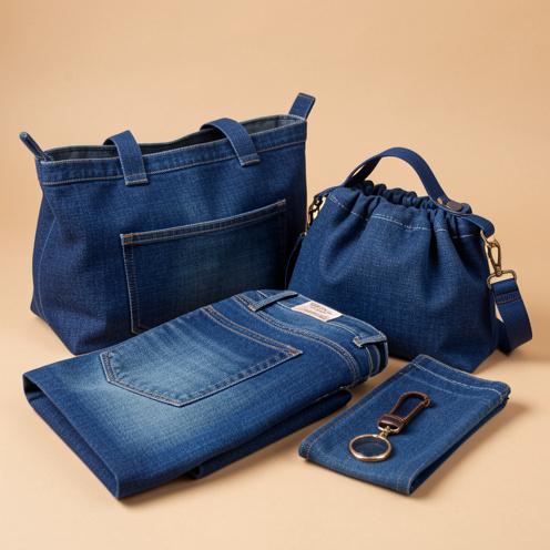 Tissu denim bleu indigo robuste présenté avec des sacs, pochettes, anses et accessoires en toile de coton.