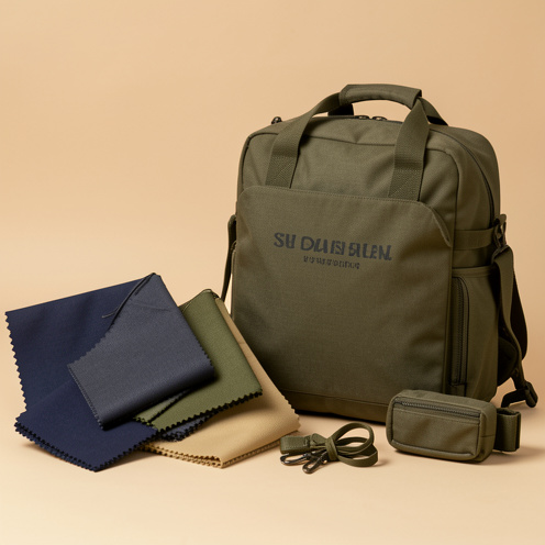 Échantillons de tissu Oxford aux couleurs sobres disposés près d’un sac robuste et d’accessoires pratiques.
