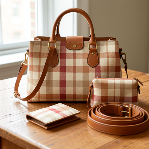 Ensemble élégant de maroquinerie et d’accessoires intégrant un tissu vichy à carreaux beige, crème et rouge doux.