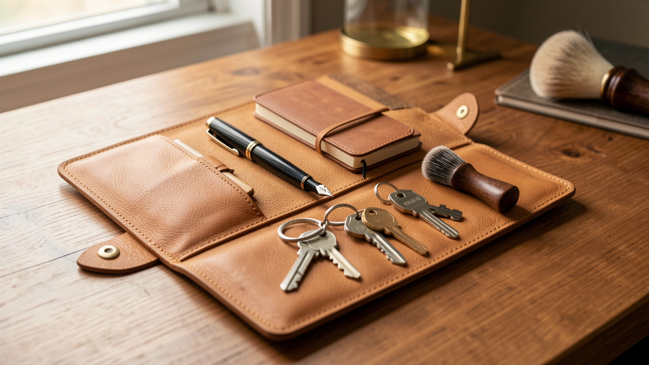 Trousse en cuir artisanale ouverte sur un bureau en bois, contenant des accessoires du quotidien soigneusement organisés.