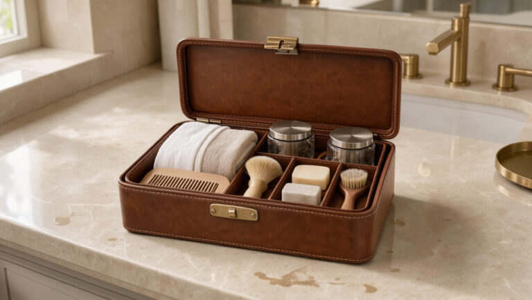 Vanity artisanal en cuir cognac ouvert sur un plan de toilette élégant, organisé avec des serviettes pliées et des accessoires de soin.