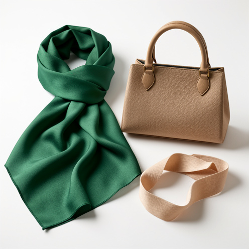 Composition élégante présentant des accessoires de mode en viscose, dont une écharpe fluide, un sac structuré et un ruban pour cheveux dans des tons vert émeraude et beige.